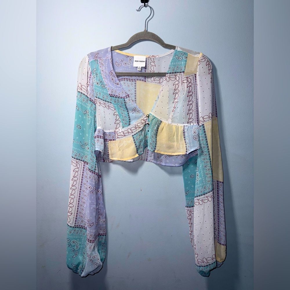 Skylar+Madison Womens Cropped Patchwork BOHO V-Neck Paisley Peplum Small EUC